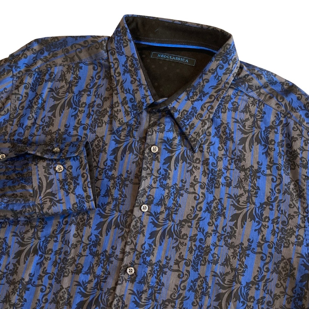 Neoclassica Mens XL Blue Grey Striped Baroque Damask Floral Cotton Button Shirt